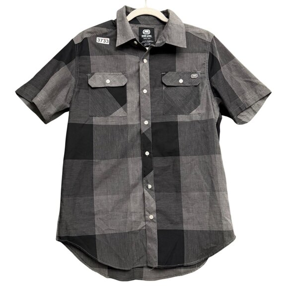 Ecko Unltd Plaid Short Sleeve Button Down Shirt Me's Medium Gray Black Outdoor - Picture 1 of 6